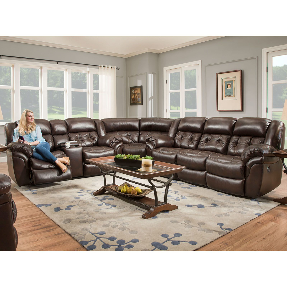Picture of Whiskey Leather Power Recliner Sectional Sofa