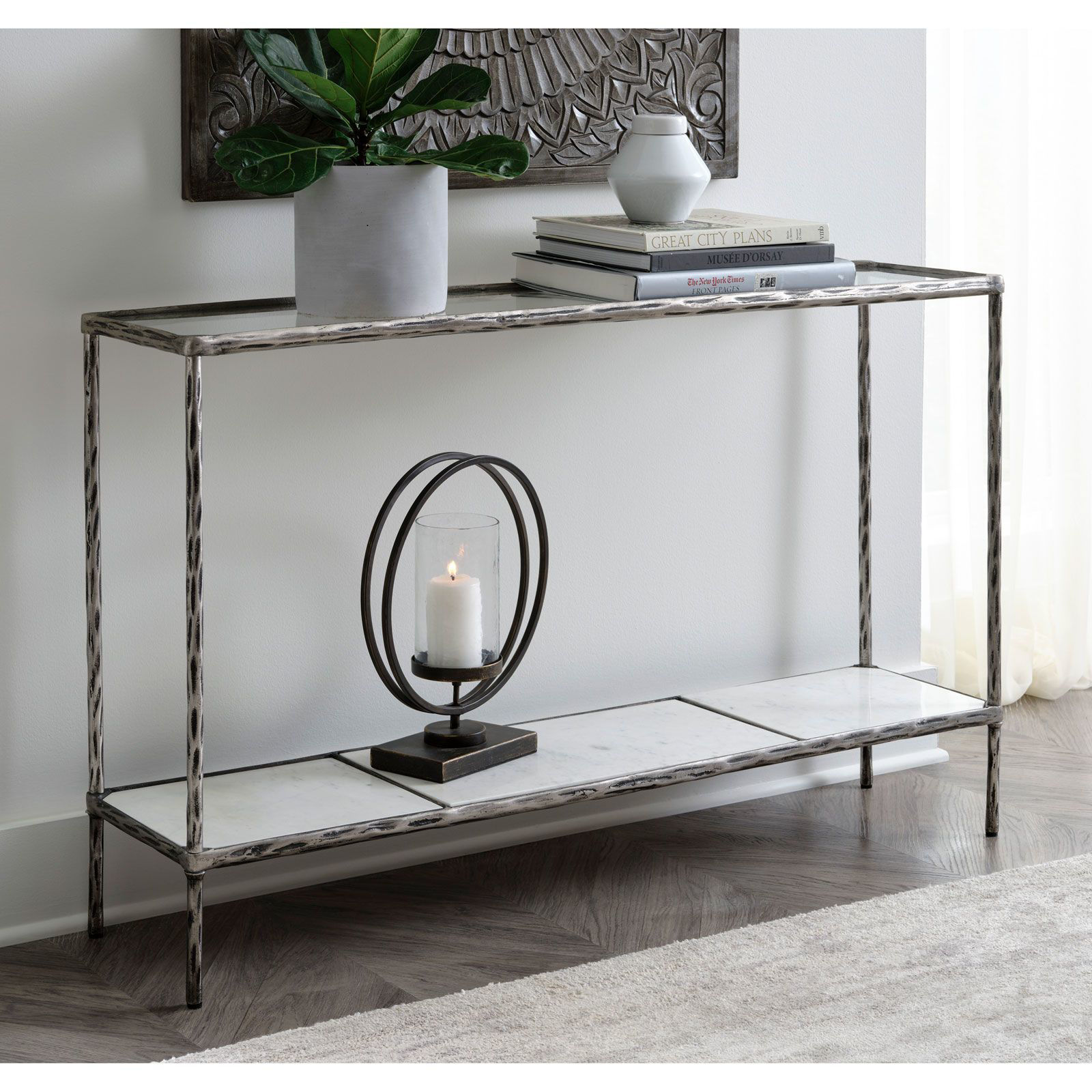 Silver glass deals sofa table