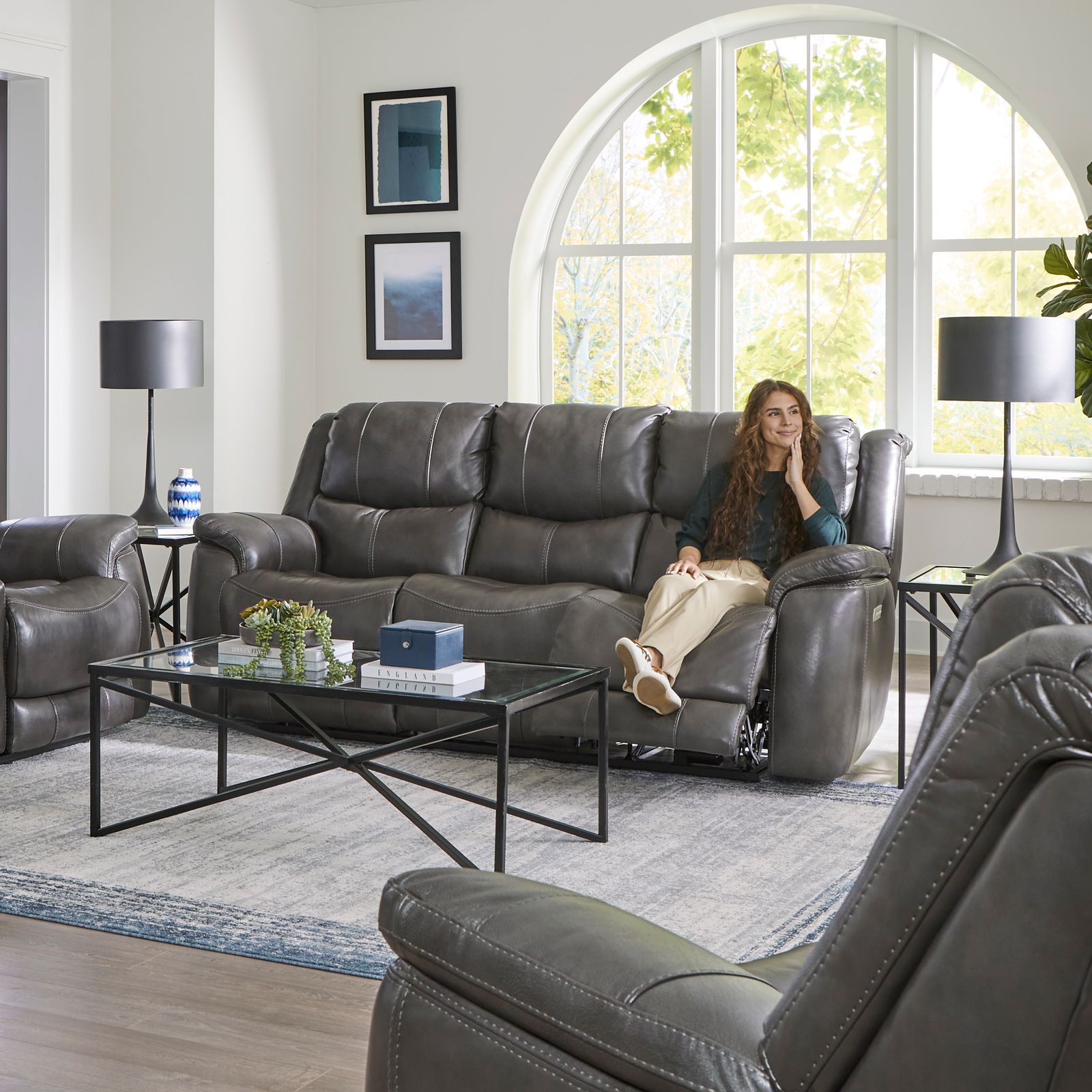 Grey leather discount power reclining sofa