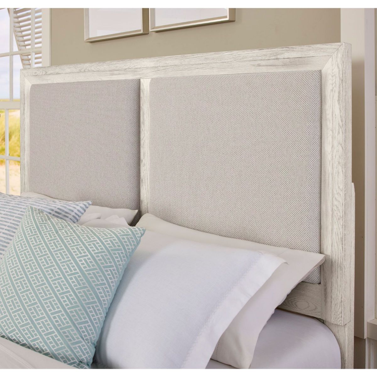 Picture of Weathered White Upholstered Queen Headboard