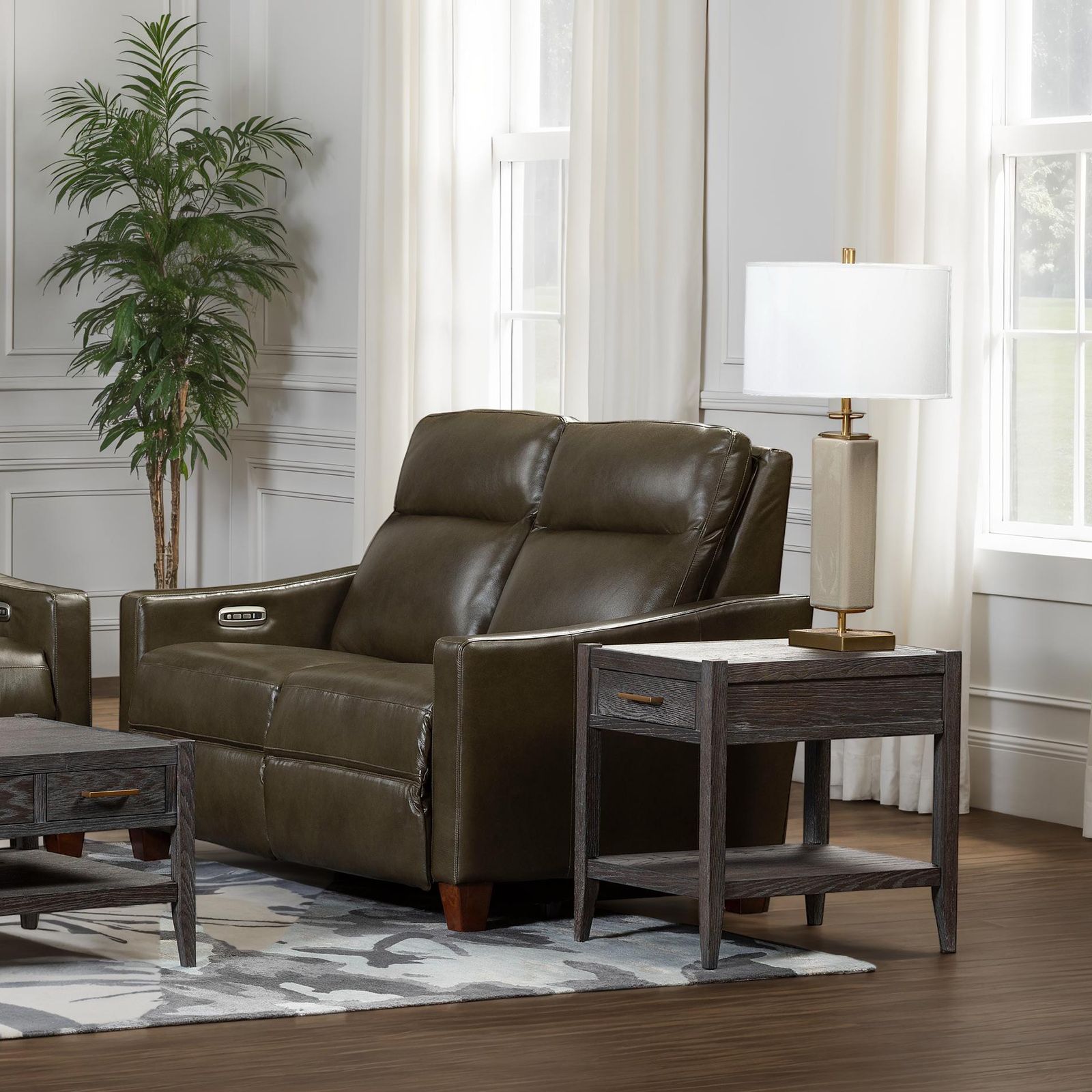 Quinault Olive Leather Power Recliner Loveseat