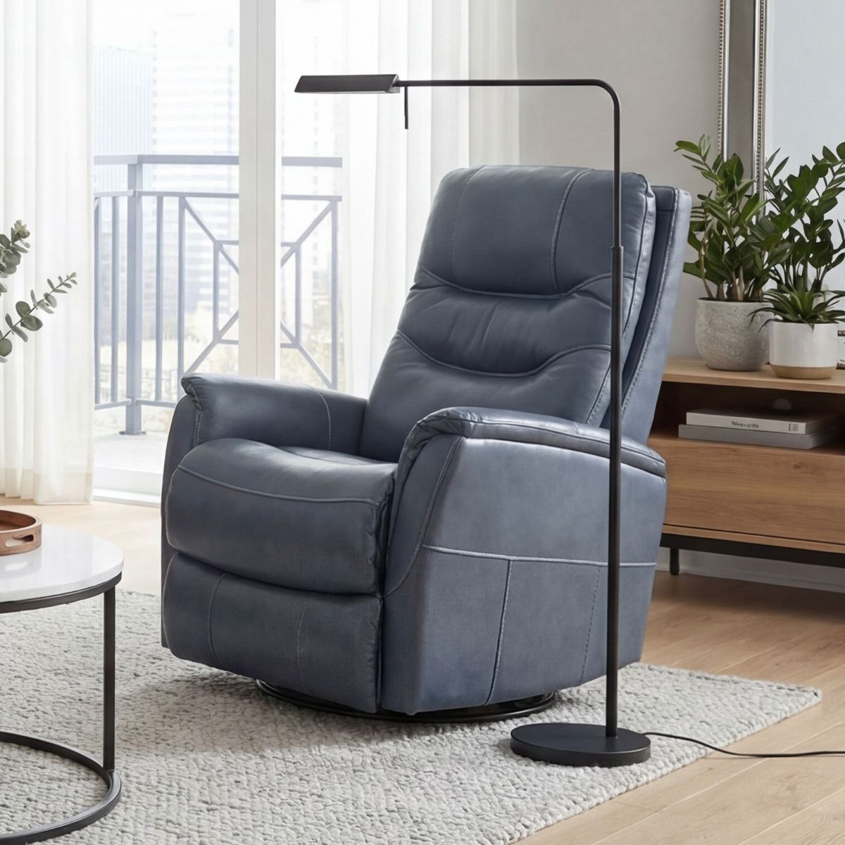 Picture of Revelation Blue Leather Match Swivel Glider Recliner